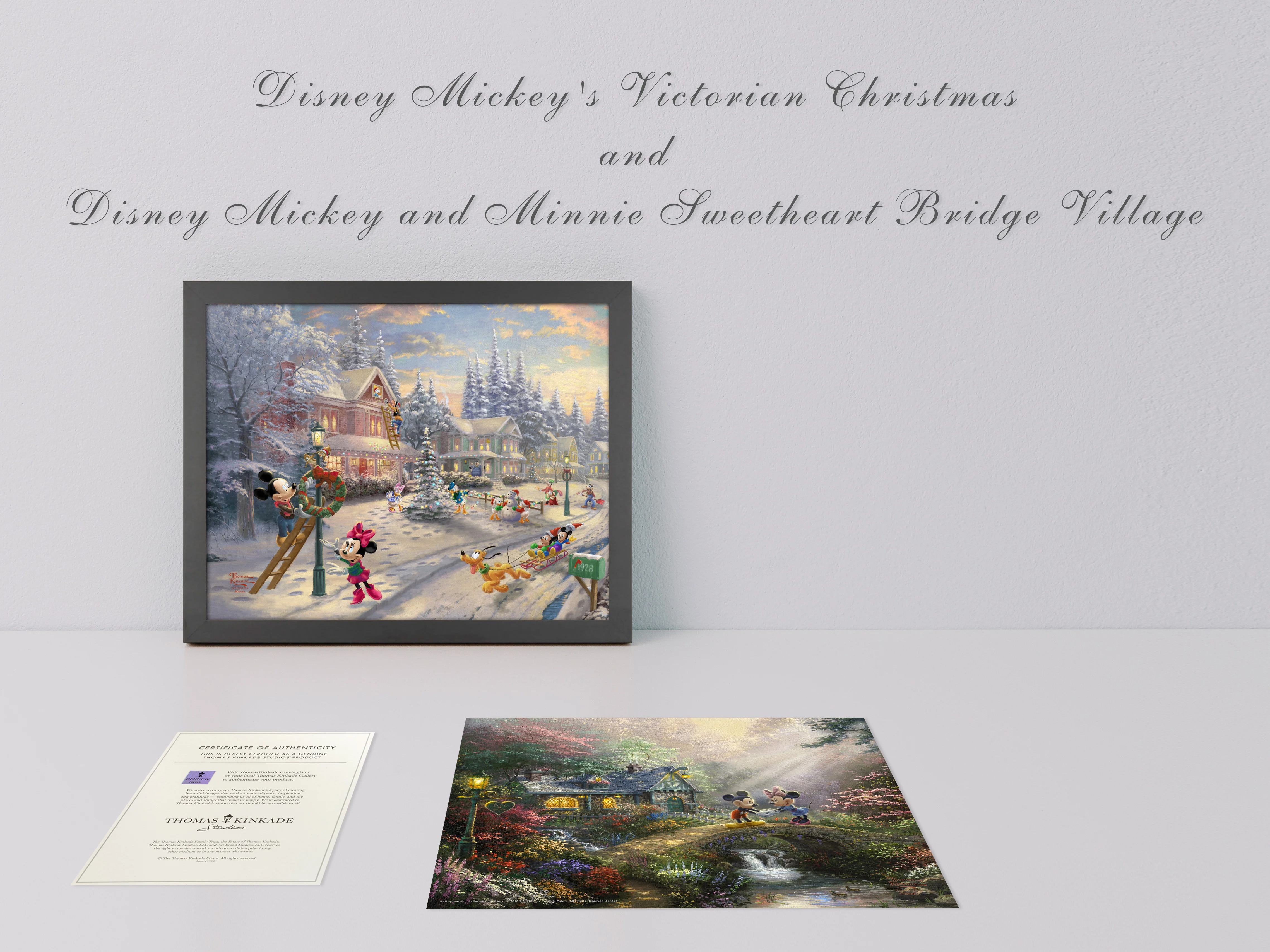 Disney Mickey and Minnie Victorian Christmas and Disney Mickey and MinnieSweetheart Bridge - 11" x 14" Black Framed Art Print (2-IN-1)